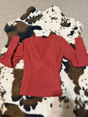 SHEIN Rust Ribbed V-Neck Wrap Sweater